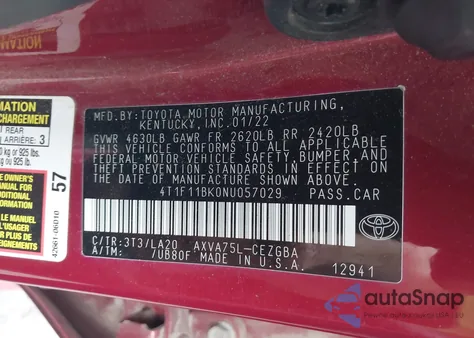 2022 Toyota Camry Xle Awd z USA, uszkodzony, nr VIN 4T1F11BK0NU057029